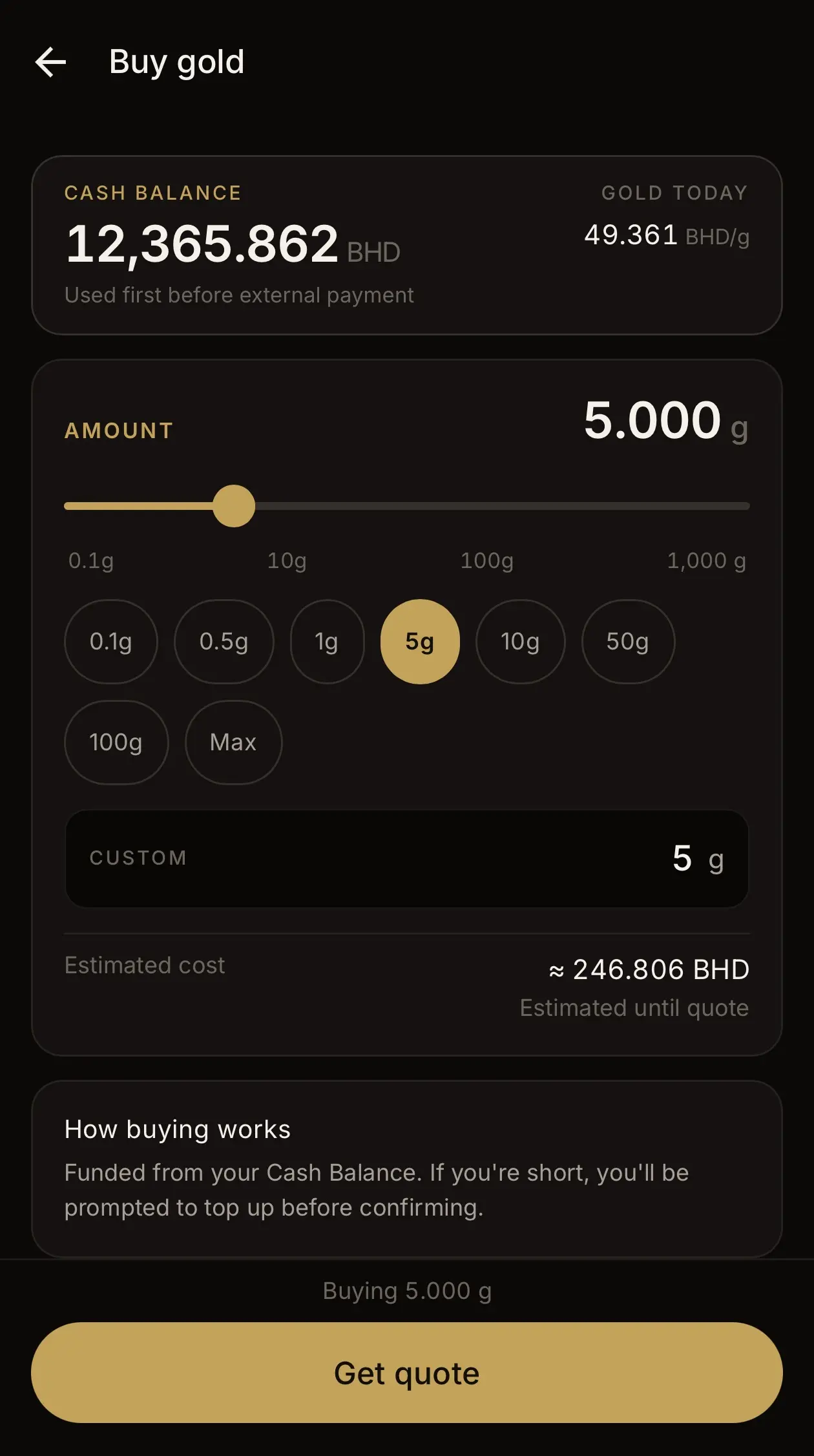 MSS Gold purchase screen with gram selector and BHD quote