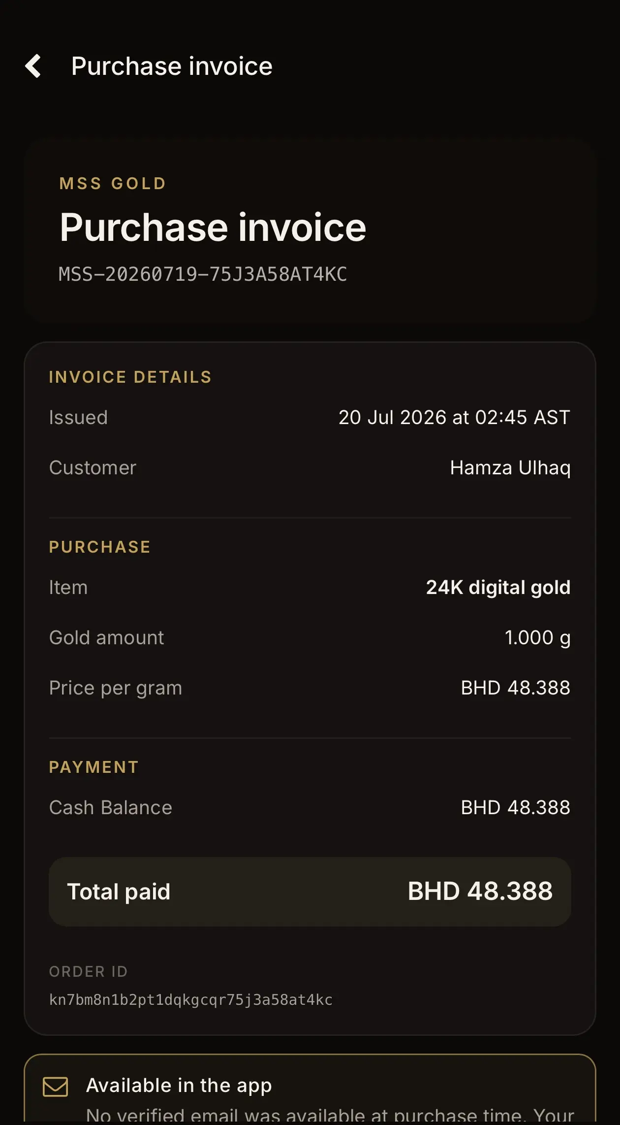 MSS Gold purchase invoice showing gold and payment details