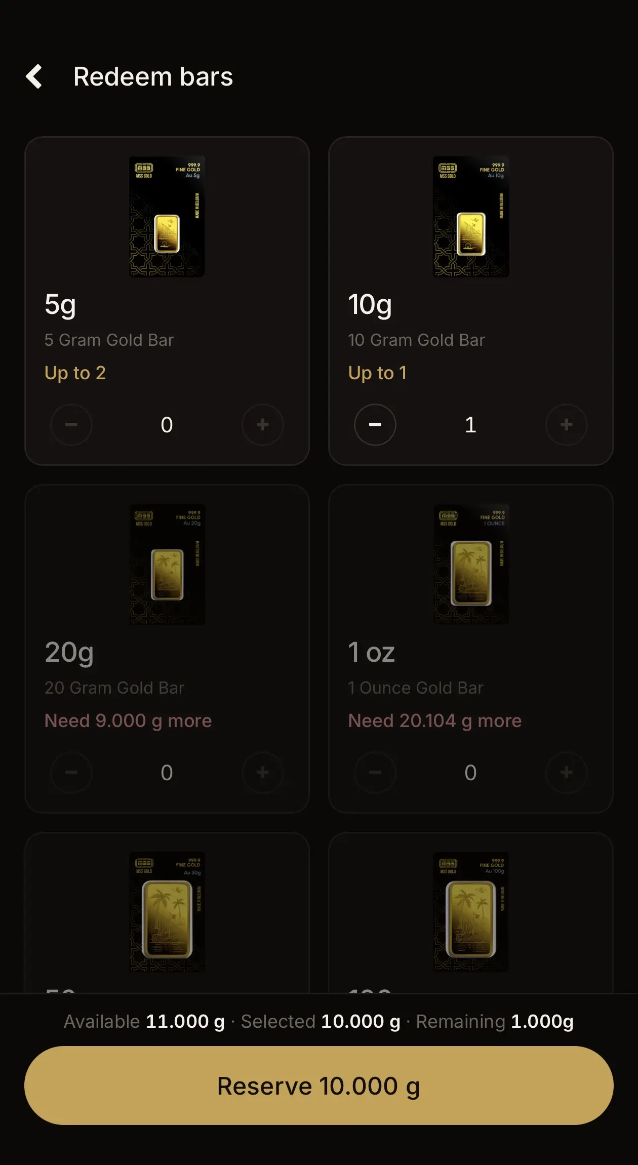 MSS Gold redemption screen showing available gold bars to collect